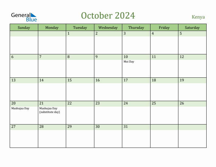 October 2024 Calendar with Kenya Holidays