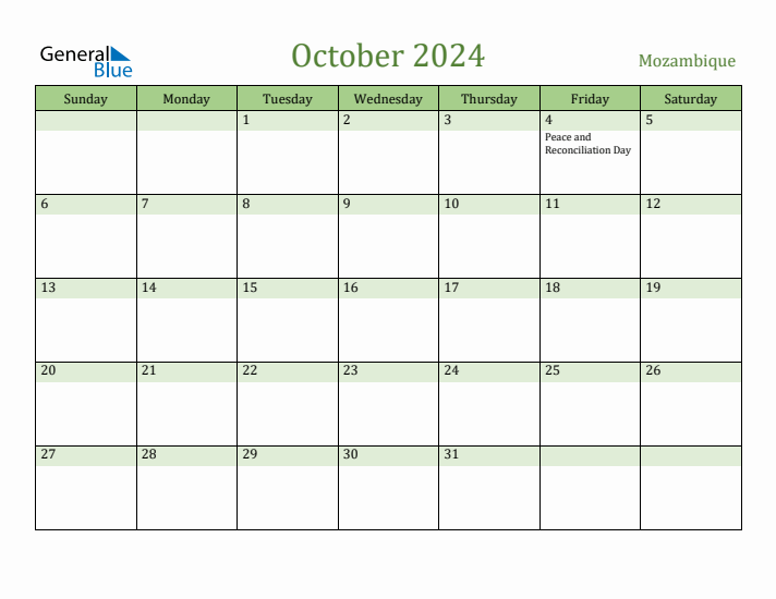 October 2024 Calendar with Mozambique Holidays