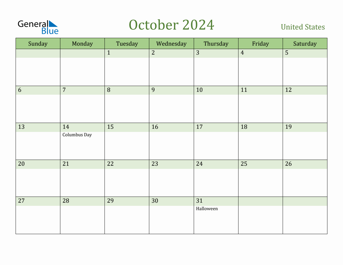 Fillable Holiday Calendar for United States October 2024