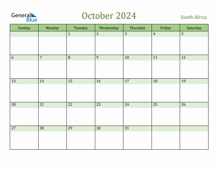 Fillable Holiday Calendar for South Africa October 2024