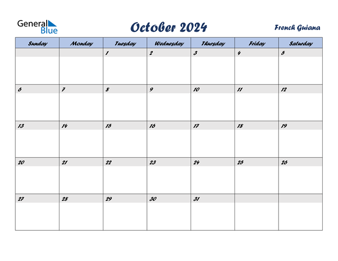 French Guiana October 2024 Calendar with Holidays