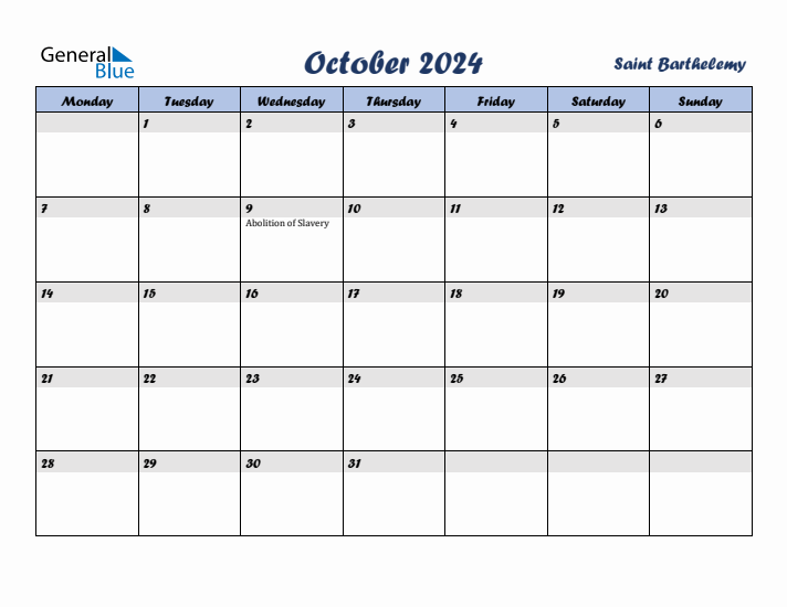 October 2024 Calendar with Holidays in Saint Barthelemy