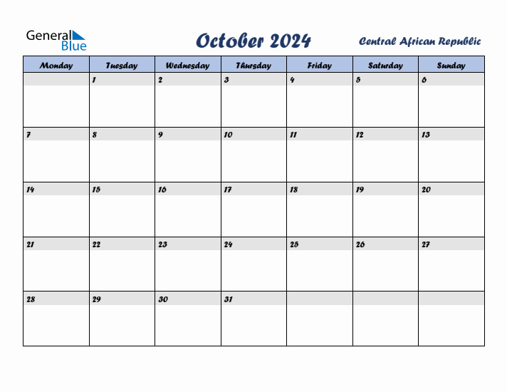 October 2024 Calendar with Holidays in Central African Republic