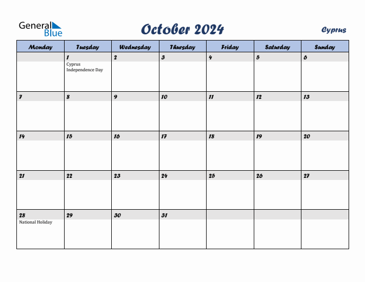 October 2024 Calendar with Holidays in Cyprus