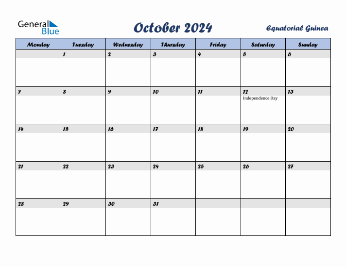 October 2024 Calendar with Holidays in Equatorial Guinea