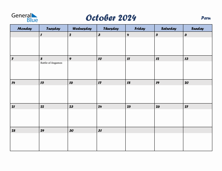 October 2024 Calendar with Holidays in Peru