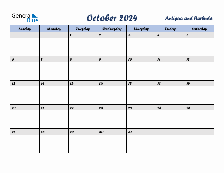 October 2024 Calendar with Holidays in Antigua and Barbuda