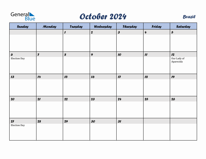 October 2024 Calendar with Holidays in Brazil