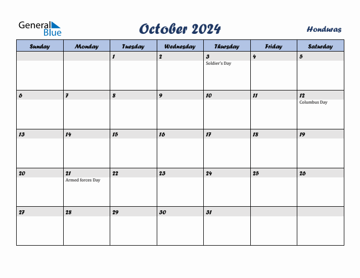 October 2024 Calendar with Holidays in Honduras
