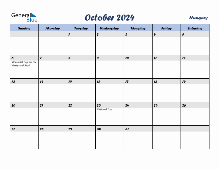 October 2024 Calendar with Holidays in Hungary