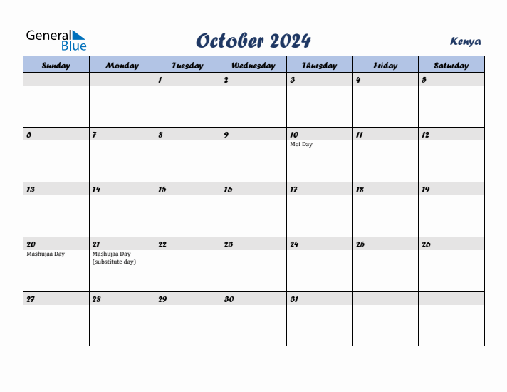 October 2024 Calendar with Holidays in Kenya