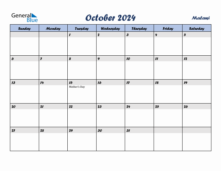 October 2024 Calendar with Holidays in Malawi