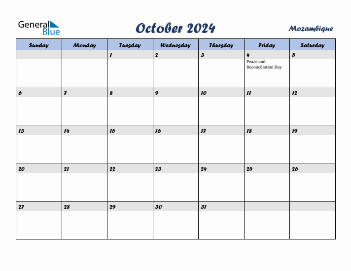 October 2024 Calendar with Holidays in Mozambique