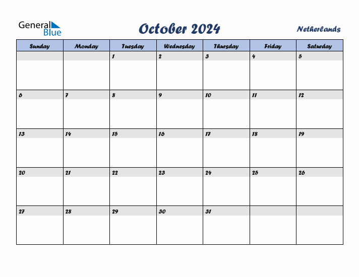 October 2024 Calendar with Holidays in The Netherlands