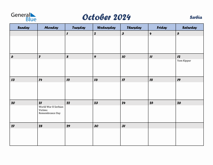 October 2024 Calendar with Holidays in Serbia