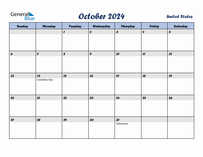 October 2024 Monthly Calendar Template with Holidays for United States