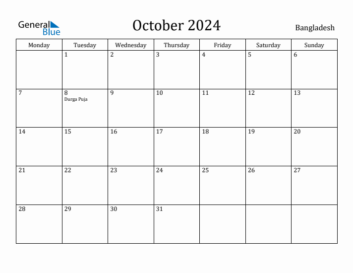 October 2024 Bangladesh Monthly Calendar with Holidays