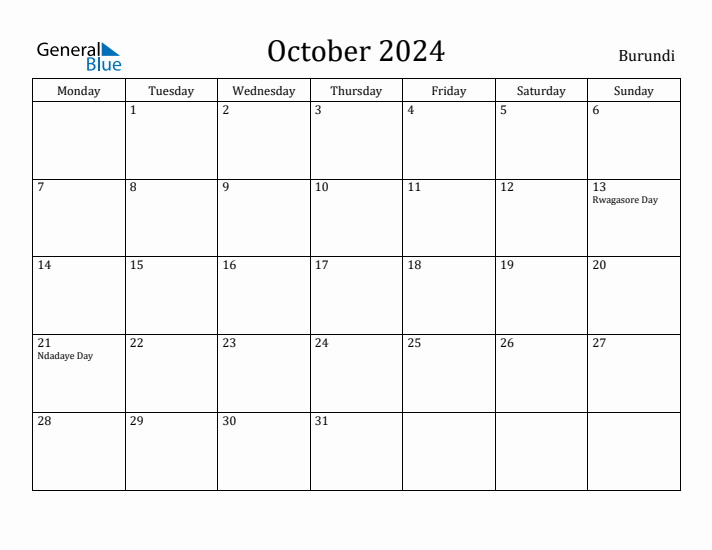 October 2024 Calendar Burundi