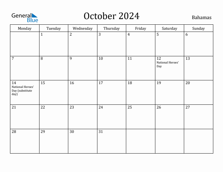 October 2024 Calendar Bahamas