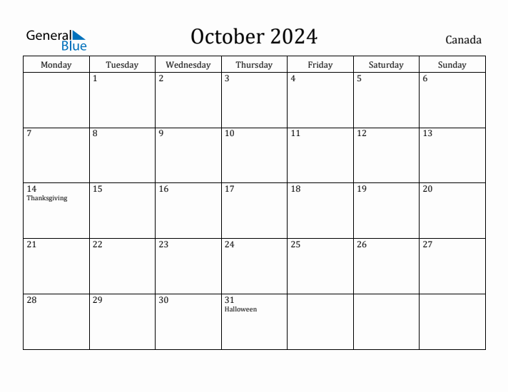 October 2024 Monthly Calendar with Canada Holidays