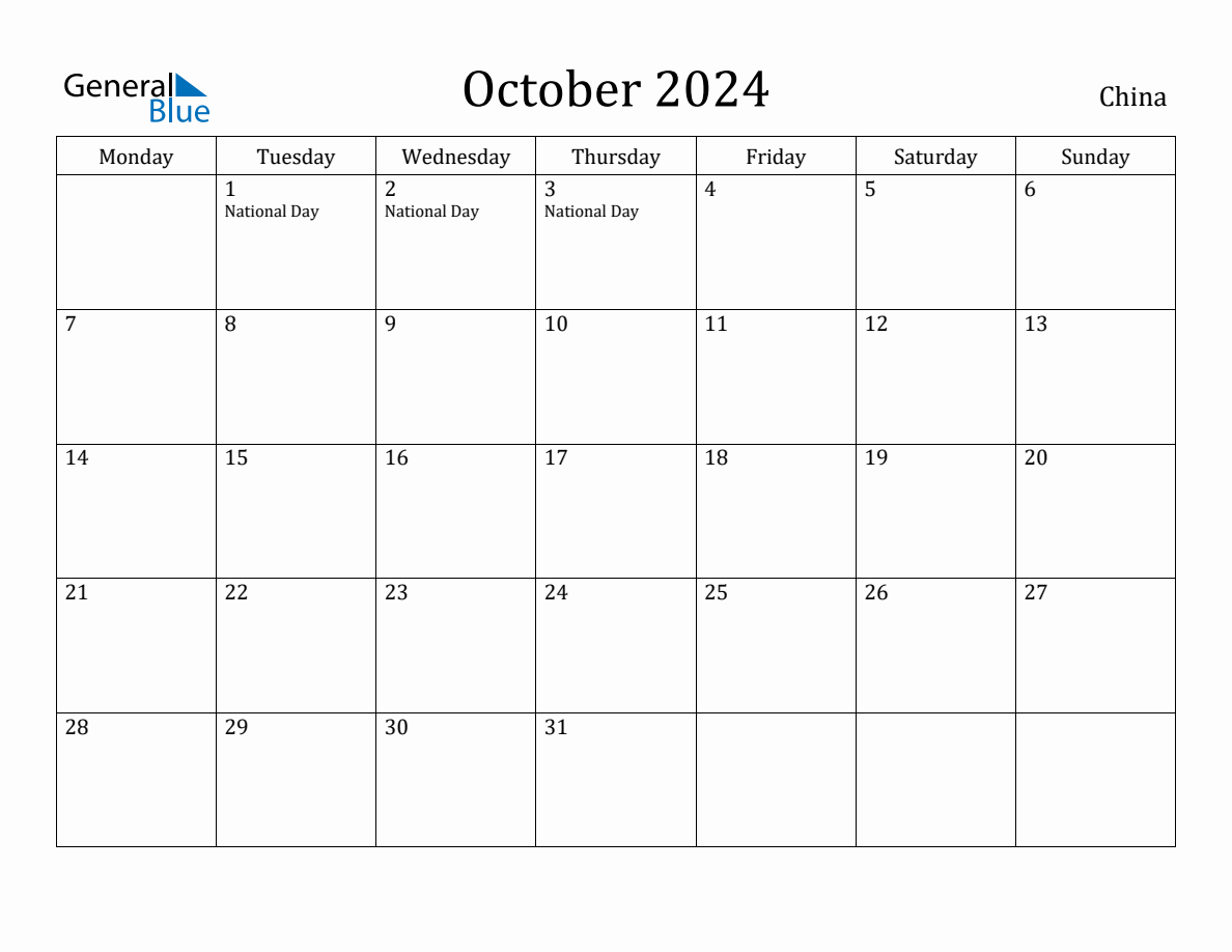 October 2024 Monthly Calendar with China Holidays