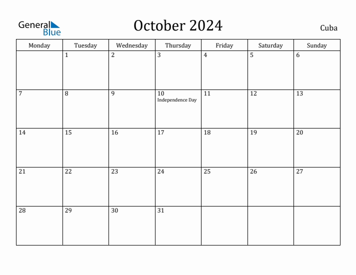 October 2024 Cuba Monthly Calendar with Holidays