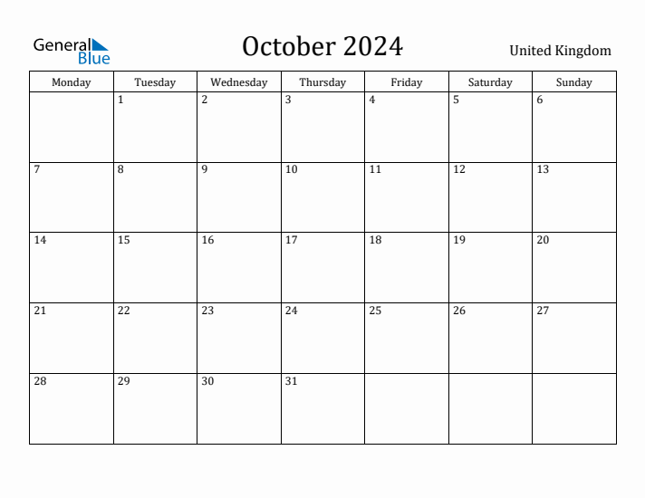 October 2024 Calendar United Kingdom