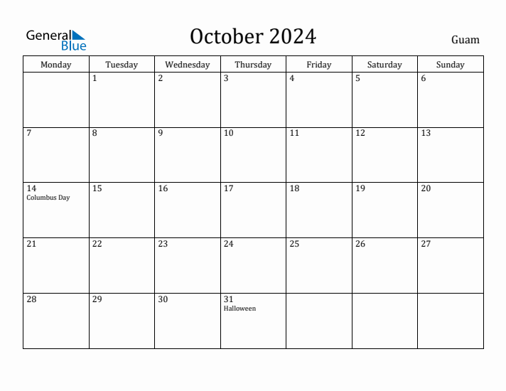 October 2024 Guam Monthly Calendar with Holidays