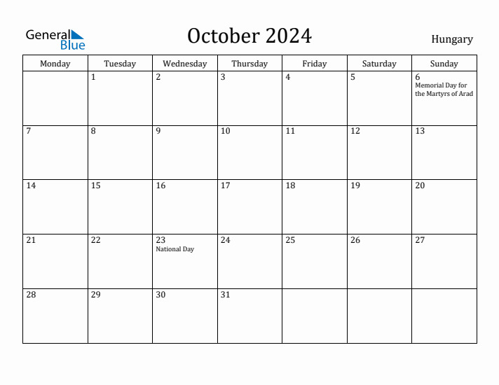 October 2024 Calendar Hungary