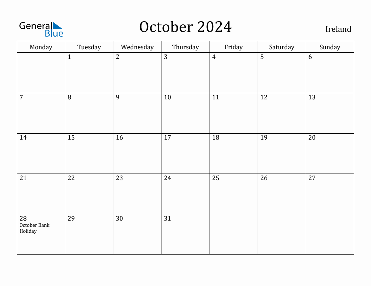 October 2024 Ireland Monthly Calendar with Holidays