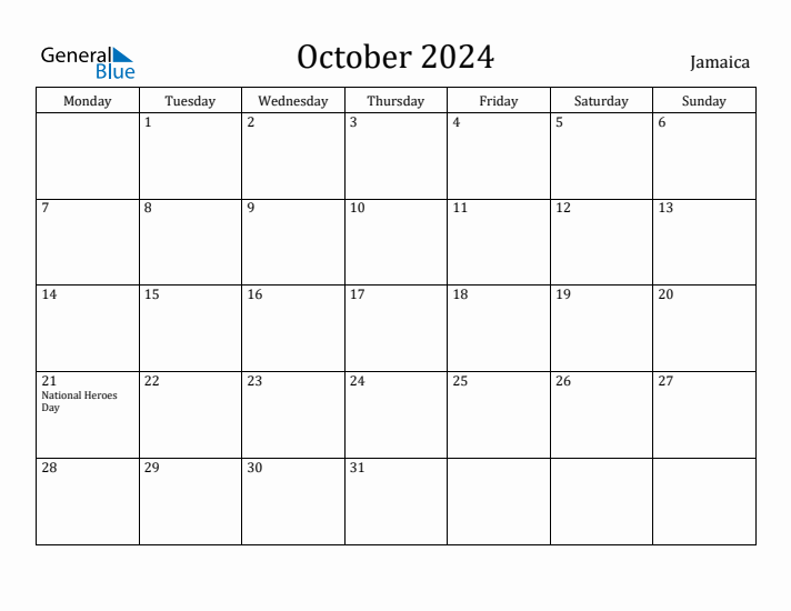 October 2024 Calendar Jamaica