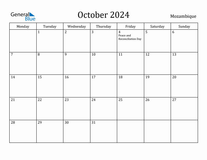 October 2024 Calendar Mozambique