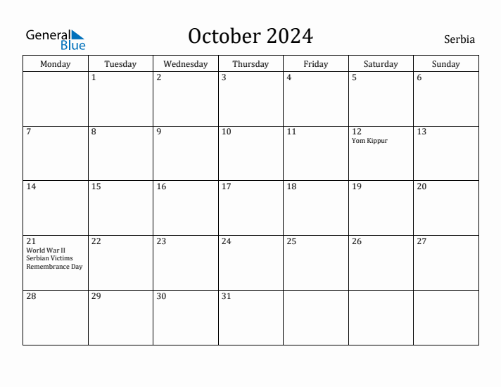 October 2024 Calendar Serbia