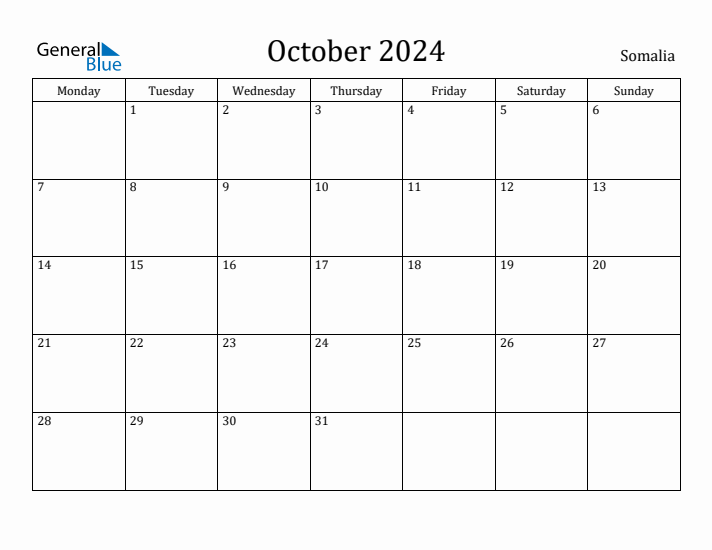 October 2024 Calendar Somalia