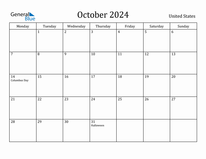 October 2024 Monthly Calendar with United States Holidays