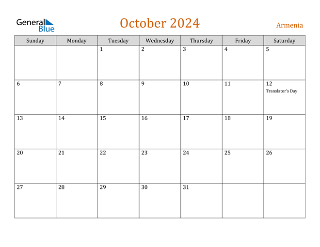 October 2024 Calendar with Armenia Holidays