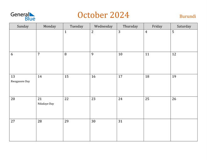 Burundi October 2024 Calendar with Holidays
