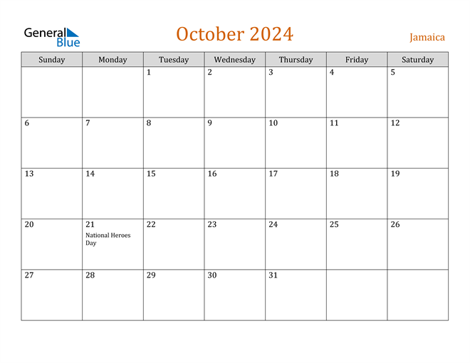 Jamaica October 2024 Calendar with Holidays