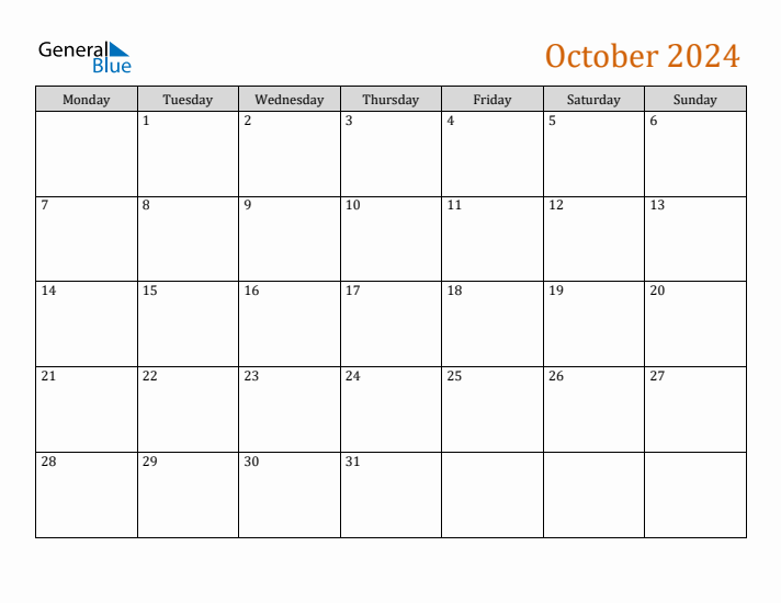 October 2024 Monday Start Calendar (PDF, Excel, Word)