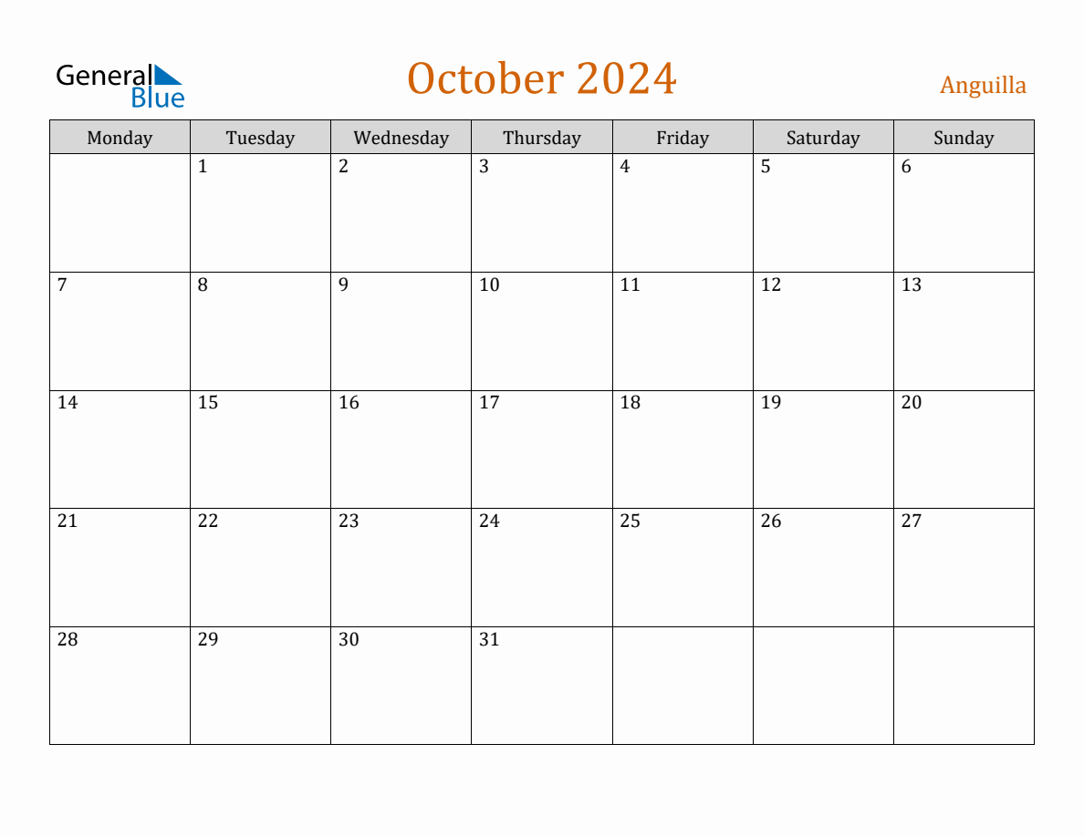Free October 2024 Anguilla Calendar