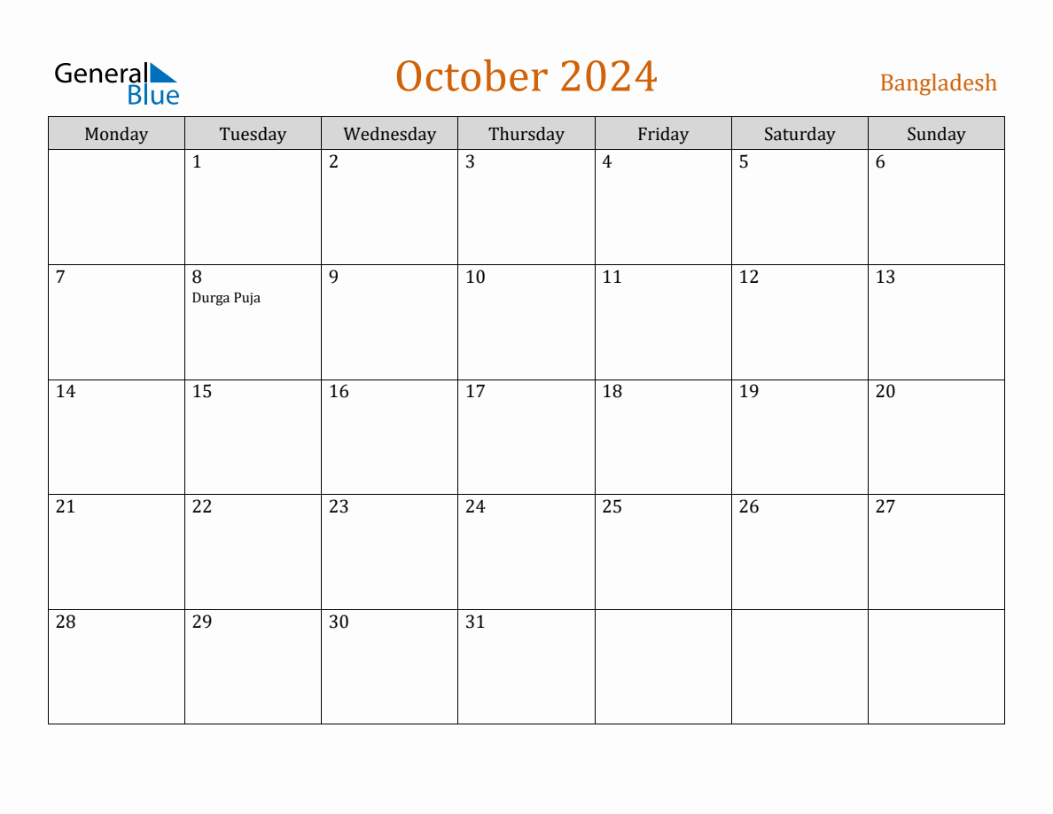 Free October 2024 Bangladesh Calendar
