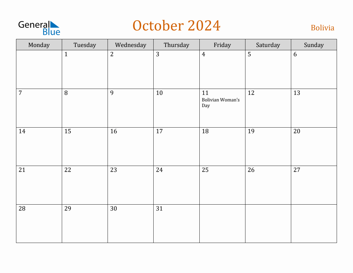 Free October 2024 Bolivia Calendar