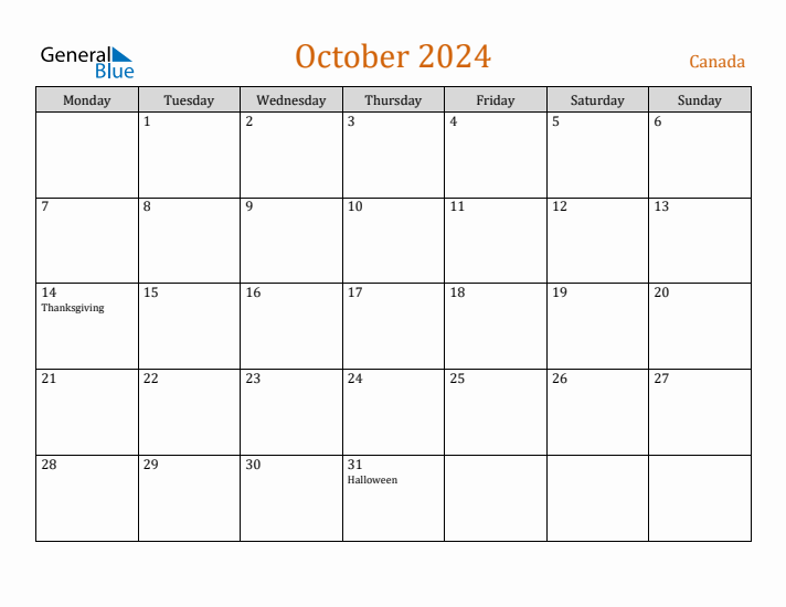 October 2024 Canada Monthly Calendar with Holidays