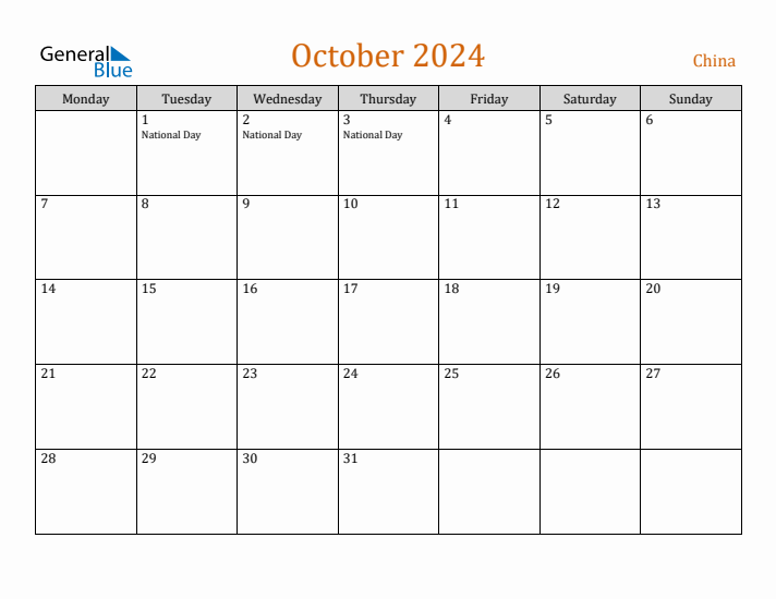 October 2024 Holiday Calendar with Monday Start