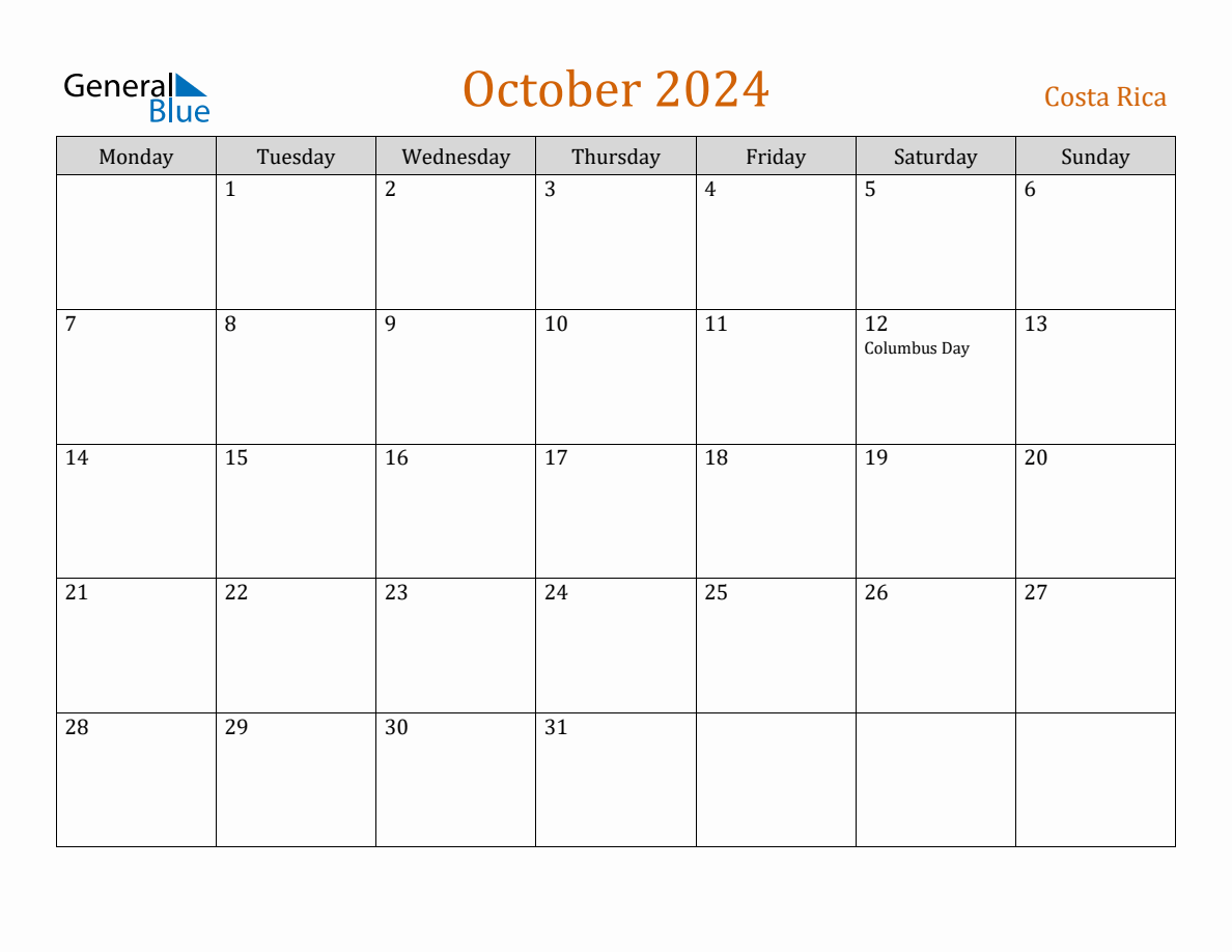 Free October 2024 Costa Rica Calendar