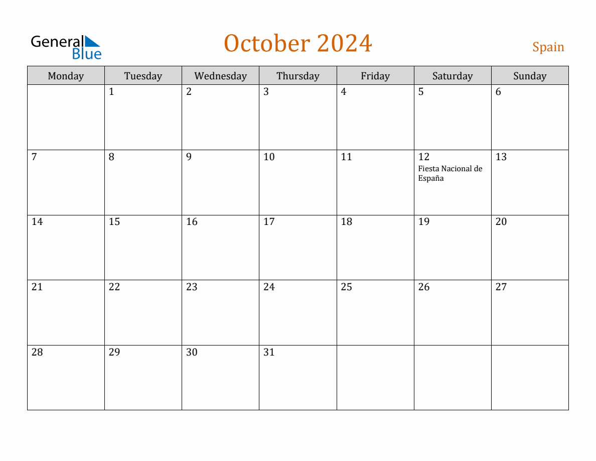 Free October 2024 Spain Calendar