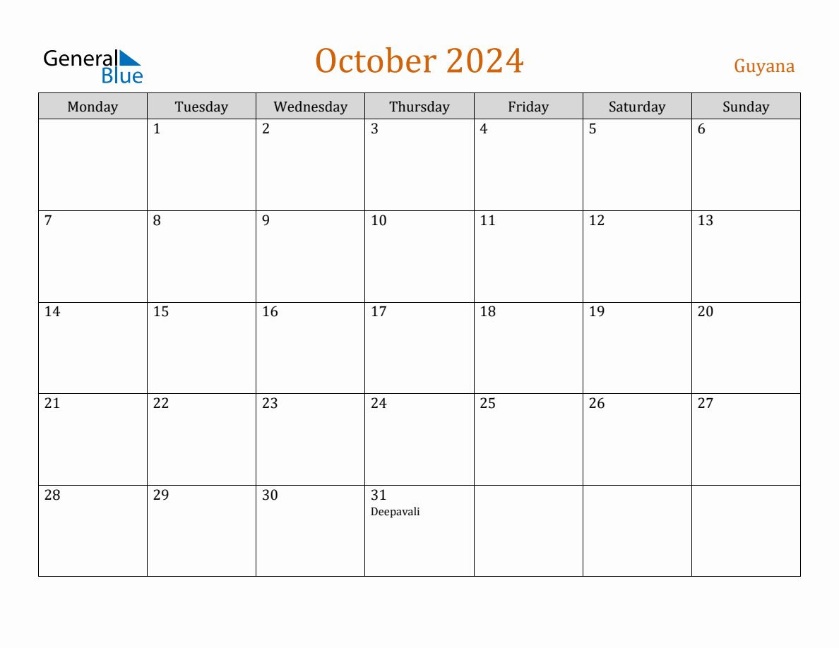Free October 2024 Guyana Calendar