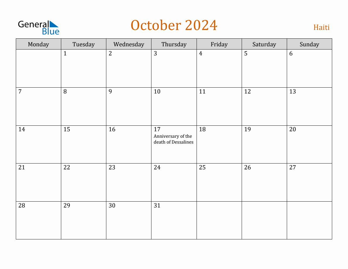 Free October 2024 Haiti Calendar