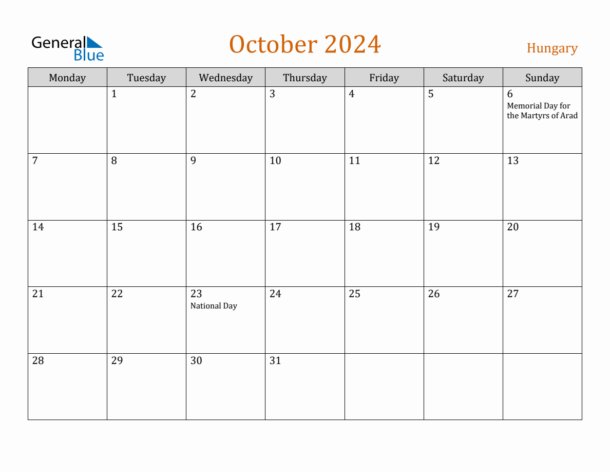 Free October 2024 Hungary Calendar