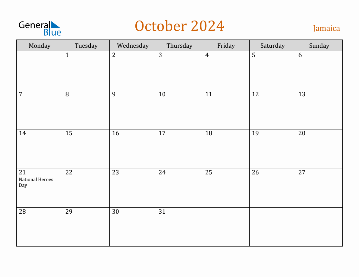 Free October 2024 Jamaica Calendar